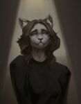  2021 :3 absurd_res aib_leyley aib_leyley_(character) anthro black_clothing black_nose black_shirt black_topwear blue_eyes breasts brown_hair clothed clothing curled_hair felid feline female front_view grey_background hair half-length_portrait hi_res inner_ear_fluff looking_at_viewer mammal portrait shirt simple_background smile solo spotlight topwear tuft 