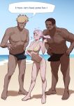  1girl 2boys absurdres barefoot beach bikini black_clover black_hair blonde_hair blue_sky breasts bulge dark-skinned_male dark_skin day english_text erection erection_under_clothes full_body grin hand_on_own_hip hand_up highres large_breasts large_penis looking_at_another looking_at_penis male_swimwear multiple_boys muscular muscular_male navel noelle_silva outdoors penis penis_awe pink_hair sky smile speech_bubble stomach swim_briefs swimsuit twintails wide-eyed wjs07 