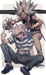  2boys anger_vein dark-skinned_male dark_skin earrings highres jewelry long_hair male_focus middle_finger millennium_ring millennium_rod multiple_boys on_ground playing_with_another&#039;s_hair purple_eyes shirt smile striped striped_shirt xiao_(creation0528) yami_bakura yami_marik yu-gi-oh! yu-gi-oh!_duel_monsters 