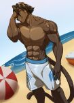  2023 5_fingers abs anthro ball beach beach_ball blue_eyes brown_body brown_fur brown_hair can clothed clothing container felid fingers fur hair hi_res holding_can holding_container holding_object inflatable leopard looking_at_viewer male mammal marcus_rammoson muscular muscular_anthro muscular_male pantherine seaside solo spots spotted_body spotted_fur swimming_trunks swimming_trunks_only swimwear topless topless_anthro topless_male toughset water 