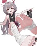  1girl bandages barefoot black_nails blue_archive dokomon feet foot_focus grey_hair highres long_hair looking_at_viewer nail_polish pointy_ears red_eyes shuro_(blue_archive) simple_background soles solo toenail_polish toenails toes white_background 