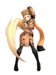  1girl absurdly_long_hair arm_scarf black_footwear black_gloves black_pantyhose blonde_hair blue_eyes brown_coat coat ebi_pri_shrimp full_body fur_hat gloves guilty_gear guilty_gear_strive hat long_hair long_sleeves looking_at_viewer millia_rage orange_headwear pantyhose prehensile_hair simple_background standing ushanka very_long_hair white_background 