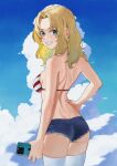  1girl arched_back ass back bare_arms bare_back bare_shoulders bikini blonde_hair blue_eyes blue_shorts blue_sky breasts cellphone cloud cowboy_shot cutoffs denim denim_shorts from_behind fukaumi_suichu girls_und_panzer grin hand_on_own_hip highres holding holding_phone kay_(girls_und_panzer) long_hair looking_at_viewer looking_back median_furrow medium_breasts micro_shorts parted_bangs phone shorts sky smartphone smile solo standing string_bikini striped striped_bikini swimsuit thighhighs thighs white_thighhighs 