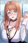  1girl absurdres ayuaho between_breasts blush breasts brown_hair collared_shirt dress_shirt emma_(nikke) emma_(office_therapy)_(nikke) glasses goddess_of_victory:_nikke highres id_card long_hair looking_at_viewer office_lady open_mouth shirt solo teeth upper_body upper_teeth_only white_shirt yellow_eyes 