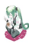  1girl aqua_hair aqua_nails blowing_on_food chopsticks closed_eyes cup_ramen green_hair green_nails grey_pants hair_ornament hair_scrunchie hatsune_miku highres indian_style jacket long_hair looking_down naimaze_atakamo number_print pants scrunchie sitting solo striped track_jacket track_pants track_suit twintails vertical_stripes very_long_hair vocaloid 