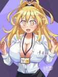  1girl :d absurdres alternate_costume black_skirt blonde_hair blush breasts character_name cleavage collared_shirt endlesstsubaki glasses hair_between_eyes hands_up happy highres id_card kami_jigen_game_neptune_v large_breasts long_hair long_sleeves looking_at_viewer neptune_(series) no_bra orange_eyes partially_unbuttoned ponytail power_symbol shirt skirt smile solo sparkle sparkling_eyes symbol-shaped_pupils undersized_clothes upper_body white_shirt yellow_eyes yellow_heart 