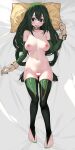  1girl absurdres ass_visible_through_thighs asui_tsuyu belt_collar black_eyes black_hair blush boku_no_hero_academia breasts censored collar female_pubic_hair frog_girl gloves green_eyes green_hair hair_between_eyes hair_rings heart heart_censor highres long_hair looking_at_viewer low-tied_long_hair lying medium_breasts nail_polish navel nipples on_back pillow pubic_hair pussy pussy_juice solo thighhighs toenail_polish toenails tongue tongue_out very_long_hair waterring 