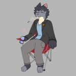  anonymous_artist anthro beverage_can clothing fur jacket lawn_chair leather leather_clothing leather_jacket leather_topwear male multicolored_body multicolored_fur seattle_tarin_(zeemid) silly_straw sitting solo topwear 