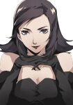  1girl alternate_costume amano_maya bare_shoulders black_dress black_gloves black_hair breasts cleavage closed_mouth dress elbow_gloves gloves highres lipstick looking_at_viewer makeup own_hands_together persona persona_2 pertex_777 purple_eyes red_lips short_hair smile solo white_background 