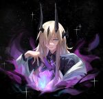  1girl arknights black_background black_dress blonde_hair blue_eyes blue_fire commentary dragon_girl dragon_horns dress eblana_(arknights) fire hair_over_one_eye holding horns jacket li2_su2 light_in_heart long_hair looking_to_the_side purple_fire simple_background smile solo sparkle talisman upper_body white_jacket 