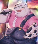  2023 anthro bear black_nose blush clothing detailed_background eyewear glasses hinami humanoid_hands kemono male mammal microphone outside overalls overweight overweight_male polar_bear shirt solo topwear ursine white_body 
