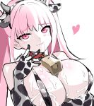  1girl animal_ears animal_print arm_under_breasts bell breasts cleavage cow_ears cow_horns cow_print cowbell drooling eudetenis fire_emblem fire_emblem:_three_houses highres hilda_valentine_goneril horns lactation lactation_through_clothes large_breasts pink_eyes pink_hair revealing_clothes saliva saliva_trail sideboob slingshot_swimsuit solo swimsuit twintails 