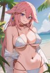  1girl absurdres animal_ears bare_shoulders bikini blurry blurry_background blush breasts choker coconut collarbone day fox_ears fox_girl genshin_impact grin hair_between_eyes hair_ornament highres large_breasts long_hair long_sleeves looking_at_viewer navel nvl off_shoulder outdoors palm_tree parted_lips pink_hair purple_eyes red_choker shirt smile solo stomach swimsuit teeth tree twitter_username underboob water white_bikini white_shirt yae_miko 