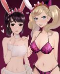  2girls :d absurdres animal_ears animal_print bare_shoulders bikini black_hair blonde_hair blue_eyes breasts brown_eyes cat_ears collarbone fake_animal_ears fur_bikini fur_choker hand_on_another&#039;s_shoulder heart highres large_breasts leopard_print looking_at_viewer multiple_girls navel open_mouth persona persona_5 persona_5_the_royal ponytail pppppknw print_bikini purple_background purple_bikini rabbit_ears rabbit_tail small_breasts smile stomach suzui_shiho swimsuit tail takamaki_anne tiara twintails white_bikini 