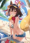  1girl absurdres animal_ear_fluff animal_ears ball bare_shoulders beach beachball bikini blue_archive blue_bikini blue_sky blurry blush breasts brown_eyes brown_hair cloud day denim denim_shorts food fox_ears fox_girl fox_tail hair_between_eyes highres izuna_(blue_archive) izuna_(swimsuit)_(blue_archive) looking_at_viewer mouth_hold navel official_alternate_costume open_mouth outdoors palm_tree prock short_hair shorts sky smile solo stomach striped striped_bikini swimsuit tail tree 