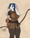  2023 anthro armor belt blokfort blue_hair bow_(weapon) clothing female floppy_ears fur gloves hair handwear hi_res lagomorph leporid lop_ears mammal markings mole_(marking) pink_eyes quiver rabbit ranged_weapon simple_background solo standing weapon white_body 