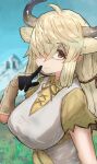  1girl absurdres adeshi_(adeshi0693119) animal_ears blue_sky bow bowtie brown_eyes cow_ears cow_girl cow_horns dress extra_ears gloves grey_hair hair_over_one_eye highres horns kemono_friends long_hair looking_at_viewer mountain nature ribbon shirt sky solo yak_(kemono_friends) 