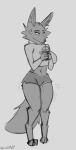  absurd_res amber_(schmutzo) anthro beverage biped breasts canid canine clothed clothing female fox fur hi_res holding_beverage holding_object mammal monochrome navel navel_piercing piercing schmutzo solo 