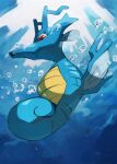  air_bubble animal_focus blue_background bubble fins fish flippers from_below gara_(qbeuxvii22) highres horns kingdra no_humans pokemon pokemon_(creature) prehensile_tail red_eyes scales seahorse solo sunlight tail underwater 
