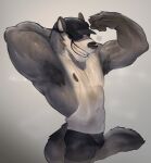  abs anthro armpit_hair bodily_fluids body_hair bulge flexing grin hat_over_eyes hi_res huzzhuz male mammal muscular muscular_anthro muscular_male nipples pecs portrait pose procyonid raccoon smile solo sweat tail three-quarter_portrait 