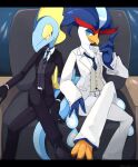  belt bird black_gloves black_suit black_vest blue_eyes chair crossed_legs furry fuuga_(yzfg) gloves grey_vest inteleon lizard long_sleeves looking_at_viewer mixed-language_commentary necktie pokemon pokemon_(creature) quaquaval sitting suit twitter_username vest white_suit yellow_eyes 