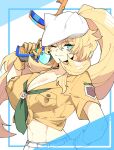  1girl aqua_eyes asdfghjk9090 barghest_(fate) barghest_(swimsuit_archer)_(fate) blonde_hair breast_pocket breasts cleavage fate/grand_order fate_(series) gloves hat jacket large_breasts long_hair midriff one_eye_closed pocket ponytail smile tied_jacket water_gun yellow_gloves 