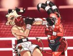  2023 athletic athletic_male blitzo_(helluva_boss) bottomwear boxing boxing_gloves clothing dcheese demon digital_media_(artwork) duo facial_markings fighting_ring forehead_markings gold_(metal) gold_tooth hair handwear head_markings helluva_boss hi_res horn humanoid imp lizard male markings navel punch red_body red_eyes red_skin reptile scalie shorts spade_tail spiked_tail spikes spikes_(anatomy) sport striker_(helluva_boss) tail tan_body tan_skin watermark white_body white_hair white_skin yellow_eyes yellow_sclera 