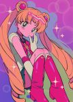  1girl bishoujo_senshi_sailor_moon blonde_hair blue_sailor_collar blue_skirt blush_stickers boots bow breasts choker earrings highres jewelry magical_girl menma_(enaic31) pink_background red_bow red_footwear sailor_collar sailor_moon skirt solo tsukino_usagi twitter_username 