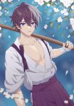  1boy abs blanc1771 bokken cherry_blossoms earrings highres holding holding_sword holding_weapon indie_virtual_youtuber japanese_clothes jewelry katana kendo kimono muscular muscular_male open_clothes open_mouth purple_eyes purple_hair short_hair shoto_(vtuber) solo sword virtual_youtuber weapon wooden_sword 