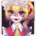  1girl alternate_eye_color alternate_headwear ascot black_background blonde_hair border collared_shirt flandre_scarlet frilled_headwear hair_between_eyes looking_at_viewer lowres medium_hair one_side_up open_mouth portrait purple_eyes red_ribbon ribbon rog92 shirt solo teeth touhou white_border white_headwear yellow_ascot 