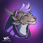  2023 4_ears 4_horns anthro biped black_body black_fur charr digital_media_(artwork) felid female fur grey_body grey_fur guild_wars hair hi_res hood horn mammal multi_ear multi_horn multicolored_body multicolored_fur pink_nose purple_background purple_eyes purple_hair simple_background smile solo striped_body striped_fur stripes vateo white_body white_fur 