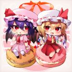  2girls :d :o ascot bat_wings blonde_hair blush brooch chibi crystal eyebrows_hidden_by_hair eyes_visible_through_hair fang finger_to_face flandre_scarlet food full_body hair_between_eyes hat highres index_finger_raised jewelry looking_at_another looking_to_the_side macaron minigirl mob_cap multiple_girls open_mouth pantyhose pink_shirt pink_skirt pointy_ears purple_hair red_ascot red_eyes red_skirt red_vest remilia_scarlet sakuhara_kaka shirt siblings simple_background sisters skin_fang skirt skirt_set smile touhou vest white_background white_pantyhose wings wrist_cuffs yellow_ascot 