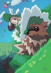  1girl blonde_hair blue_sky cloud day dress grass green_dress green_eyes green_headwear hat hoppip leaf mateus_upd one_eye_closed open_mouth outdoors pokemon pokemon_(creature) sky tree zigzagoon 