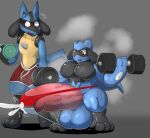  abs anthro balls biceps big_balls big_muscles big_penis blue_body blue_fur blush bodily_fluids bottomwear canid canine clothed clothing cum duo erection exercise feet fur generation_4_pokemon genital_fluids genitals growth hair hi_res huge_balls huge_muscles huge_penis humanoid_genitalia humanoid_penis hyper hyper_balls hyper_genitalia hyper_muscles hyper_penis lucario male mammal musclegut muscular muscular_anthro muscular_male musk_clouds nintendo nude open_mouth pecs penis pokeball pokeball_clothing pokemon pokemon_(species) riolu simple_background size_difference speedo sweat sweaty_genitalia swimwear teeth toes vezerem wardrobe_malfunction weightlifting weights workout 