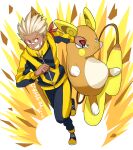  1boy armband artist_name blonde_hair blue_eyes character_name clenched_hand dark-skinned_male dark_skin grin highres jacket male_focus nose_tape orange_eyes poke_ball pokemon pokemon_(creature) raichu running shishiruto smile spiked_hair top_bull_sparx undead_unluck yellow_jacket 