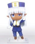  1girl blue_eyes chibi dark-skinned_female dark_elf dark_skin elf figure hat highres karla_(kono_healer_mendokusai) kono_healer_mendokusai nendoroid pointy_ears shirosato simple_background solo v white_hair 