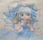  1girl blue_bow blue_dress blue_eyes blue_hair blush bow cirno clenched_hand colored_pencil_(medium) dot_nose dress fairy_wings hair_bow hand_up highres ice ice_wings light_blue_hair looking_at_viewer medium_hair neck_ribbon paper_background photo_(medium) pinafore_dress puffy_sleeves red_bow red_ribbon ribbon sketch sleeveless sleeveless_dress smile solo star_(symbol) touhou traditional_media upper_body v-shaped_eyebrows white_background white_sleeves wings yakumo_zhuzhen 