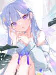  1girl 91_(9_il1) ayatsuno_yuni breasts cleavage commentary gradient_bow gradient_wings grey_hair highres jacket long_hair looking_at_viewer multicolored_wings open_mouth plant purple_eyes solo stellive symbol-only_commentary virtual_youtuber white_jacket wings 