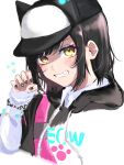  1girl animal_ears animal_hat baseball_cap black_hair black_headwear black_hoodie black_nails cat_ears cat_hat collared_shirt denonbu fake_animal_ears grin hand_up hat hood hoodie kurogane_tama long_sleeves looking_at_viewer nail_polish open_mouth shirt shishipowa short_hair simple_background smile solo teeth upper_body white_background white_shirt yellow_eyes 