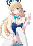  1girl :o absurdres animal_ears bare_shoulders blonde_hair blue_archive blue_bow blue_bowtie blue_eyes blue_hairband blue_leotard bow bowtie braid breasts cleavage detached_collar double_v ear_piercing earpiece fake_animal_ears hairband halo hand_up highleg highleg_leotard highres leotard long_hair medium_breasts microphone nigori_(keydoor) official_alternate_costume official_alternate_hairstyle parted_lips piercing playboy_bunny rabbit_ears simple_background sitting thighhighs thighs toki_(blue_archive) toki_(bunny)_(blue_archive) v very_long_hair white_background white_thighhighs wrist_cuffs 
