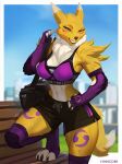  anthro arm_warmers armwear bag bandai_namco bench blue_eyes bodily_fluids bottomwear bra clothed clothing digimon digimon_(species) female fully_clothed fur holding_bag looking_at_viewer lynncore neck_tuft one_eye_closed renamon shorts solo sports_bra standing sweat tail tuft underwear yellow_body yellow_fur 