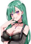  1girl absurdres bare_shoulders black_collar black_nails black_shirt breasts bustier choker cleavage collar collarbone ear_piercing earrings finger_to_mouth green_hair hair_behind_ear highres jewelry keikesu large_breasts long_hair long_sleeves looking_at_viewer mole mole_on_breast necklace piercing purple_eyes shirt simple_background smile solo swept_bangs upper_body very_long_hair virtual_youtuber vspo! white_background yakumo_beni 