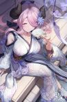  1girl absurdres animal_print black_horns blacktail_hihi blue_eyes breasts butterfly_print closed_mouth draph flower granblue_fantasy hair_flower hair_ornament hair_over_one_eye hand_fan highres holding holding_fan horns japanese_clothes kimono large_breasts looking_at_viewer narmaya_(granblue_fantasy) pink_hair pointy_ears print_kimono sitting smile solo white_kimono wide_sleeves yukata 