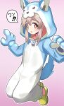  1girl :o animal_ears animal_hands animal_hood brown_eyes colored_inner_hair commentary crocs dog_ears dog_hood dog_tail fake_animal_ears fake_tail full_body gloves grey_hair gunim8ed hair_between_eyes highres hood hood_up long_hair looking_at_viewer multicolored_hair onesie onii-chan_wa_oshimai! open_mouth outline oyama_mahiro paw_gloves pink_background pink_hair sidelocks simple_background solo speech_bubble symbol-only_commentary tail translated two-tone_hair white_outline yellow_footwear zipper_pull_tab 