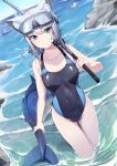  animal_ears bare_arms bare_shoulders blue_archive blue_eyes blush breasts cat_ears collarbone covered_navel ddangbi goggles goggles_on_head grey_hair highres holding large_breasts medium_hair mismatched_pupils one-piece_swimsuit outdoors partially_submerged shiroko_(blue_archive) shiroko_(swimsuit)_(blue_archive) snorkel solo_focus swim_goggles swimsuit thighs water 