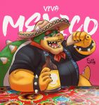  absurd_res anthro bowser clothed clothing digital_media_(artwork) facial_hair food hair hi_res horn jewelry koopa male mario_bros mexican_flag muscular mustache nintendo overweight overweight_male red_hair scalie shell simple_background smile smollsaid solo spikes tail text topwear 