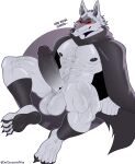  2023 abs absurd_res anthro astor_the_peacock balls barazoku big_balls big_muscles big_penis body_hair canid canine canis claws cloak clothing death_(puss_in_boots) dialogue dreamworks erection eyebrows feet fur genitals grey_background happy_trail hi_res humanoid_genitalia humanoid_penis inviting leg_wrap male mammal muscular muscular_anthro muscular_male navel nipples nude pecs penis presenting presenting_penis pubes puss_in_boots_(dreamworks) quads simple_background sitting smile soles solo spanish_text teeth text thick_penis thick_thighs translated tuft url vein white_background wolf 