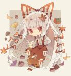  1girl bow chestnut closed_mouth collared_shirt food fruit fujiwara_no_mokou full_body ginkgo_leaf grey_hair hair_bow highres leaf long_hair maple_leaf mushroom nikorashi-ka pants persimmon red_eyes red_footwear red_pants shirt shoes smile solo touhou white_shirt 