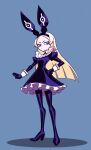  1girl alyssa_(deadslug) animal_ears blonde_hair blue_background blue_eyes boots collared_dress deadslug dress fake_animal_ears frilled_dress frills full_body hand_on_own_hip highres long_sleeves original parted_bangs purple_dress rabbit_ears simple_background solo standing thigh_boots wrist_cuffs 