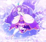  1girl absurdres aqua_eyes commentary_request cure_majesty dress elbow_gloves ellee-chan eyelashes gloves hair_ornament happy highres hirogaru_sky!_precure long_hair looking_at_viewer magical_girl one_eye_closed precure purple_dress purple_hair smile solo takuya_(keroro0519) thighhighs thighs white_thighhighs wing_hair_ornament 